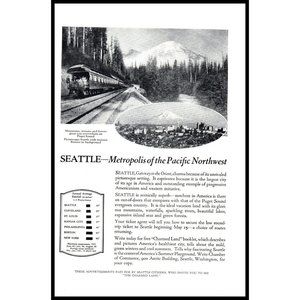 1924 Seattle Vacation Travel Vintage Print Ad Mt Ranier Train Railway Wall Art